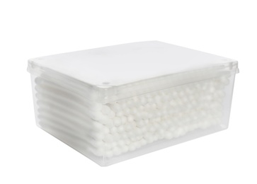 Photo of Plastic container with cotton swabs on white background