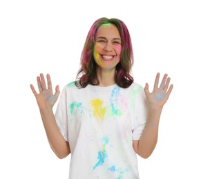 Woman covered with colorful powder dyes on white background. Holi festival celebration