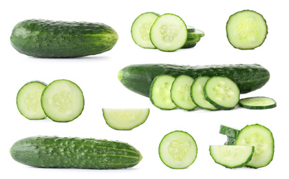 Image of Set with sliced cucumbers on white background