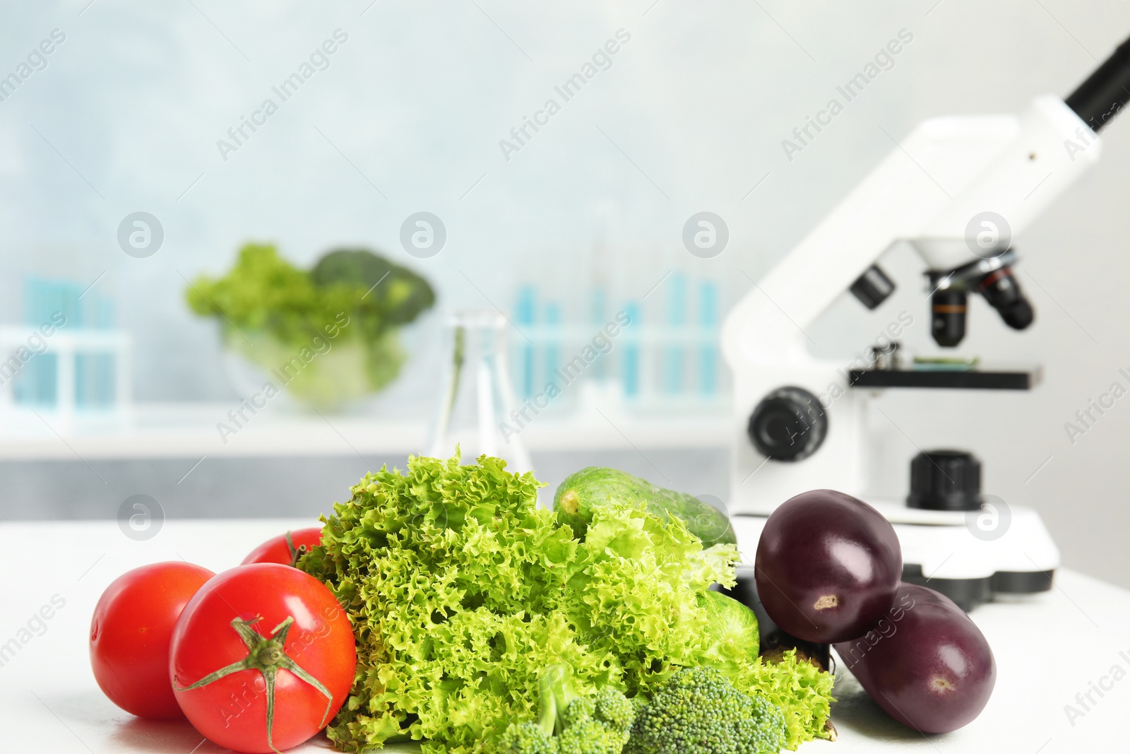 Photo of Different fresh vegetables on table in laboratory, space for text. Poison detection