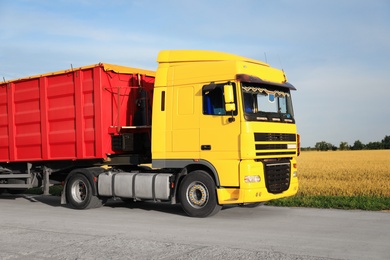 Modern bright truck parked on country road