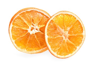 Photo of Delicious dry orange slices on white background, top view