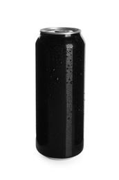 Photo of Black aluminum can with water drops isolated on white. Mockup for design