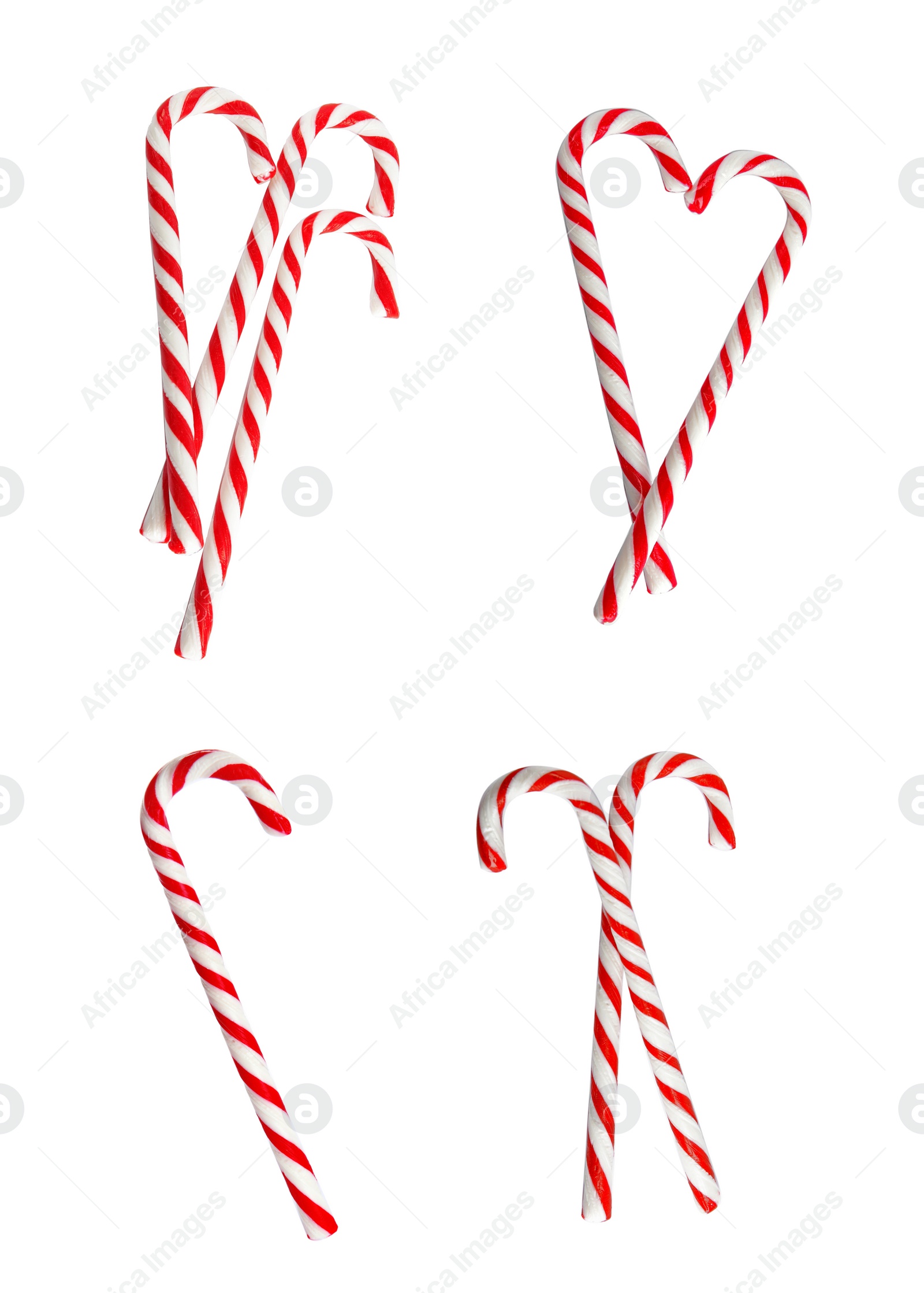 Image of Set of tasty Christmas candy canes on white background