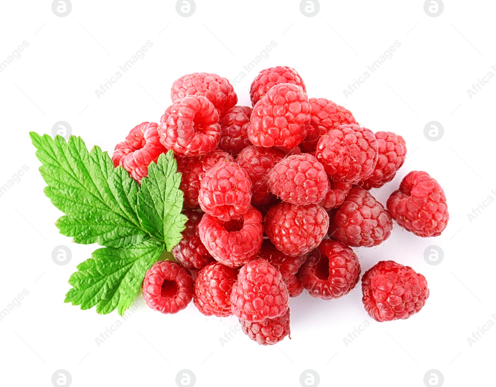 Photo of Delicious ripe raspberries on white background, top view