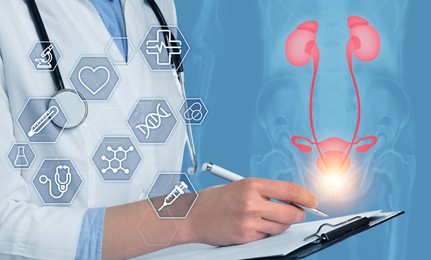Image of Doctor with clipboard, virtual image of urinary system and different icons on light blue background, closeup