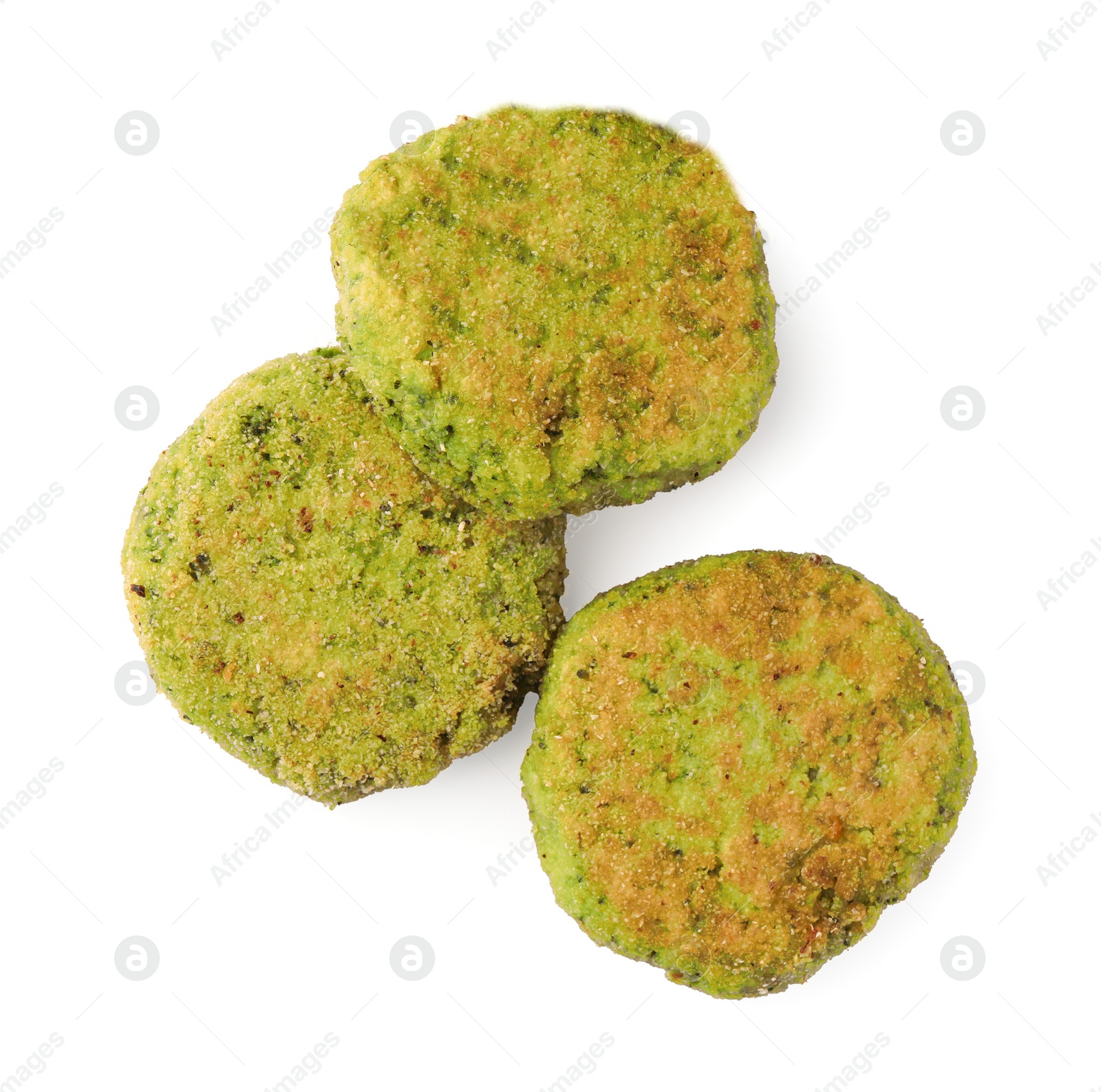 Photo of Green tasty vegan cutlets isolated on white, top view