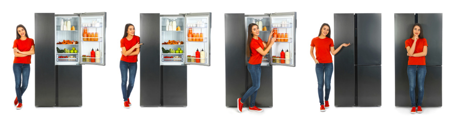 Image of Collage of woman near open refrigerators on white background