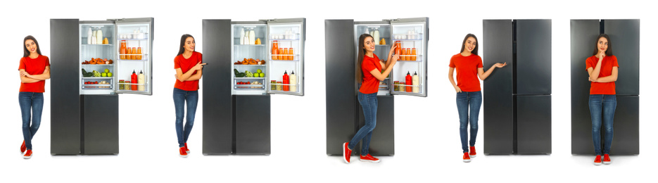 Collage of woman near open refrigerators on white background