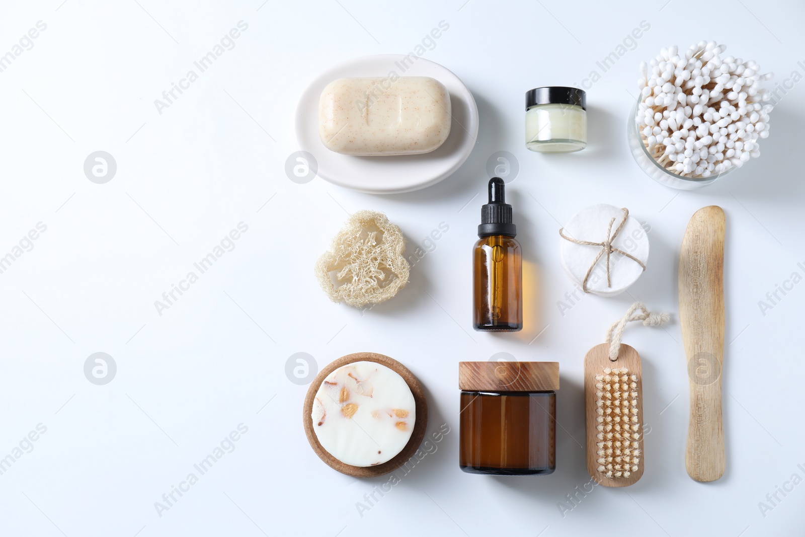 Photo of Bath accessories. Flat lay composition with personal care products on white background, space for text