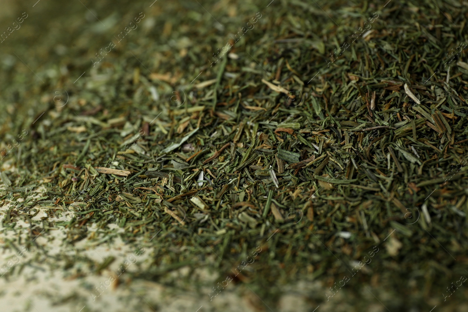 Photo of Pile of dried dill on table, closeup