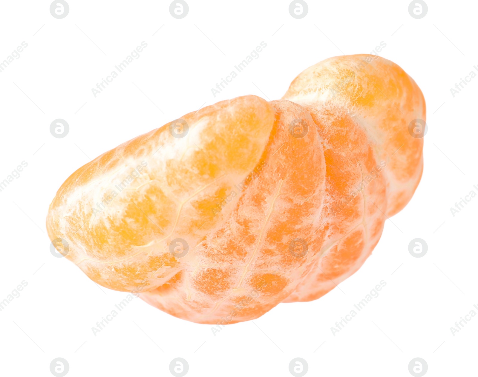 Photo of Half of peeled fresh ripe tangerine isolated on white