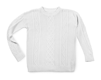 Photo of Cozy warm sweater on white background, top view