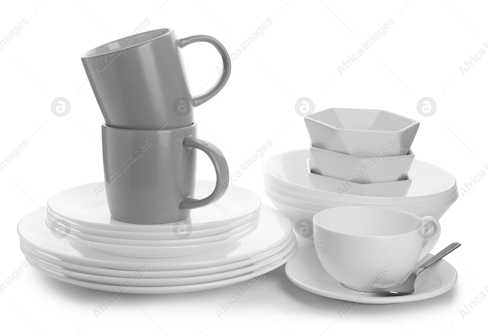 Photo of Different clean tableware on white background