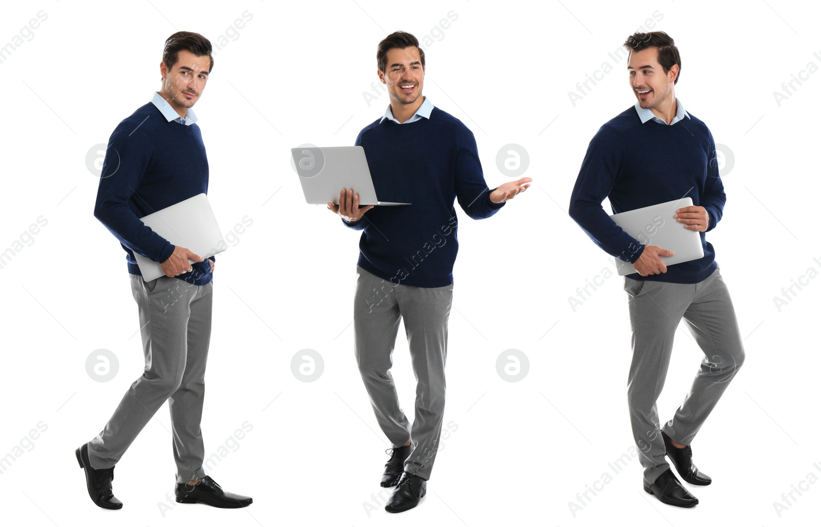 Image of Collage of young men with laptops on white background