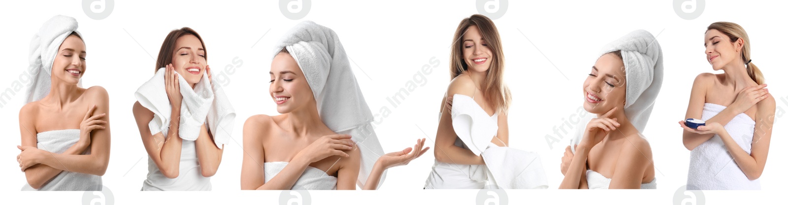 Image of Beautiful woman with towel on white background, collage. Banner design