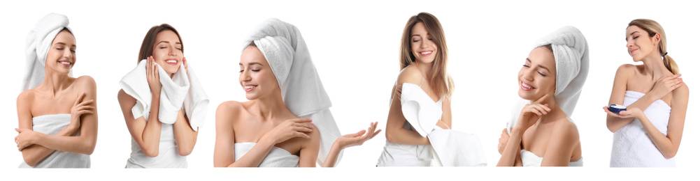 Image of Beautiful woman with towel on white background, collage. Banner design