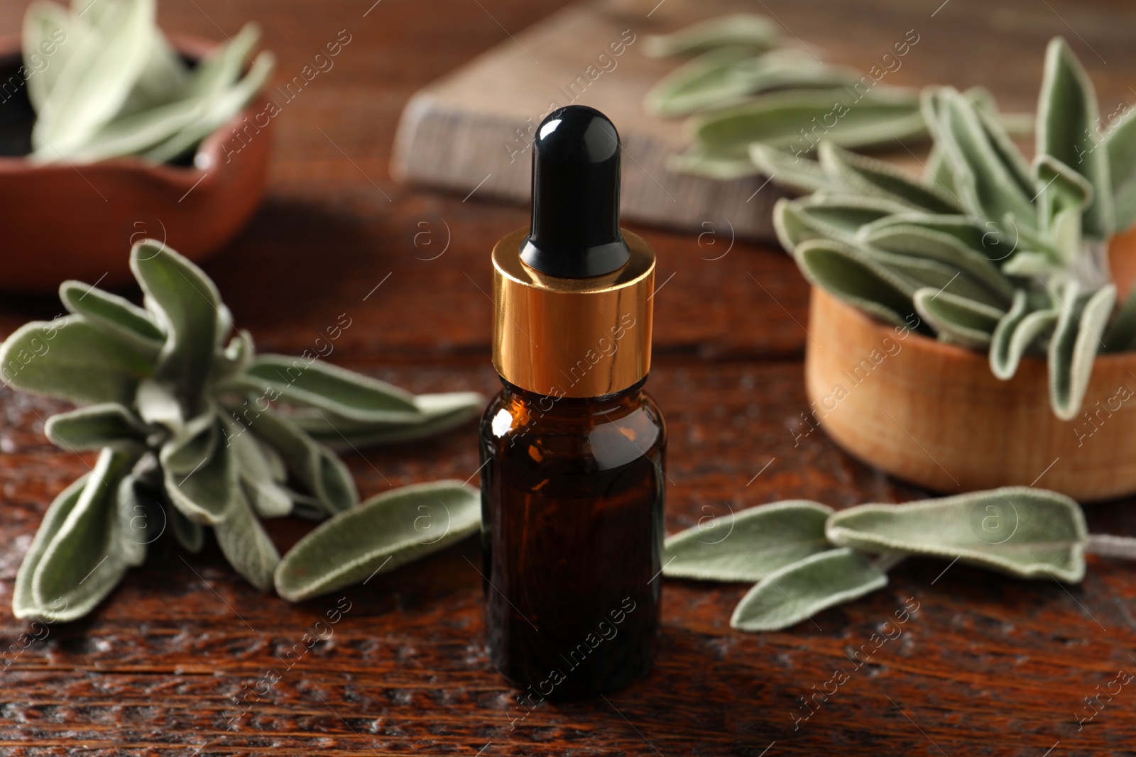 Photo of Bottle of essential sage oil and leaves on wooden table