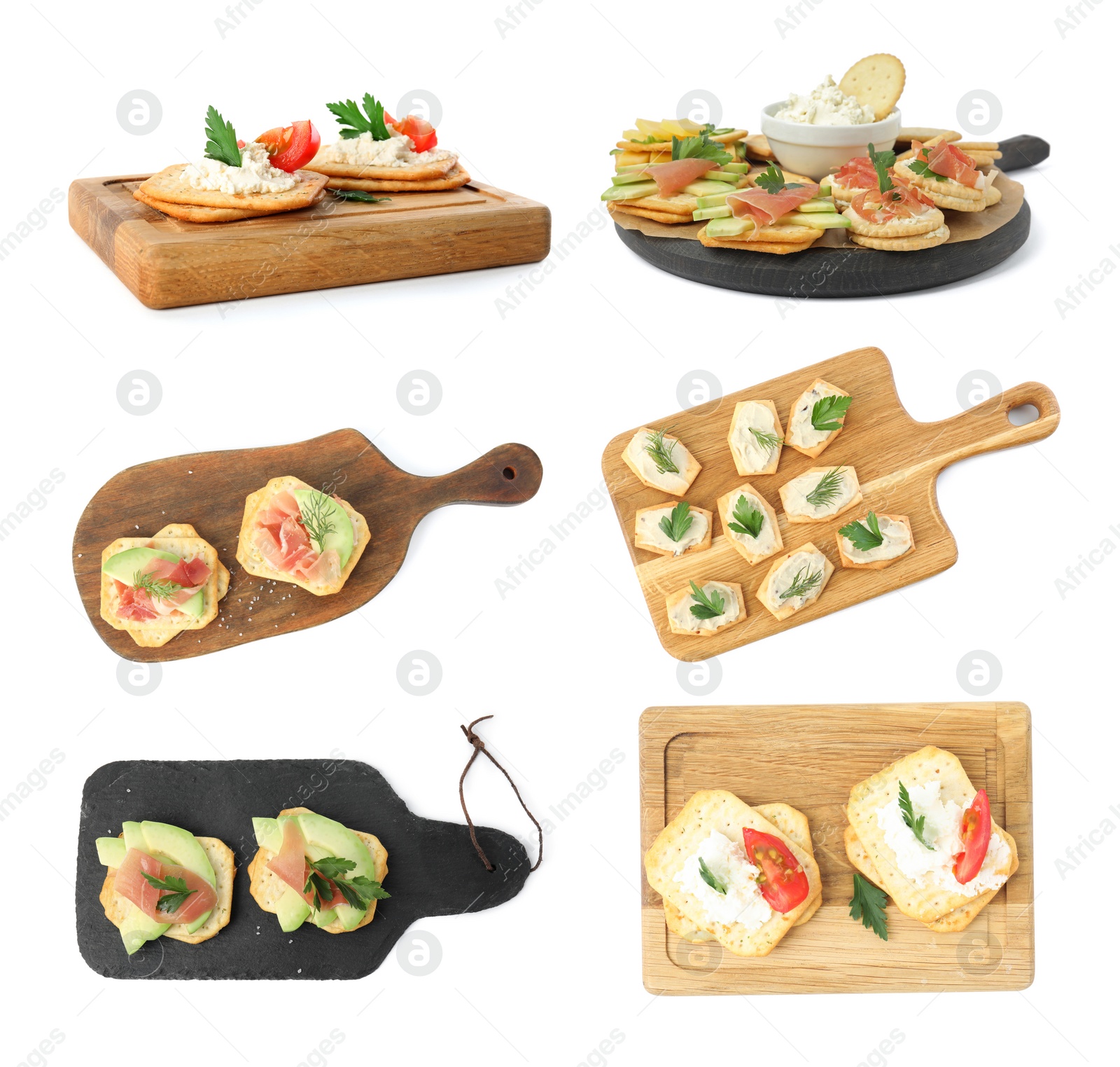 Image of Delicious crackers with different toppings isolated on white, set