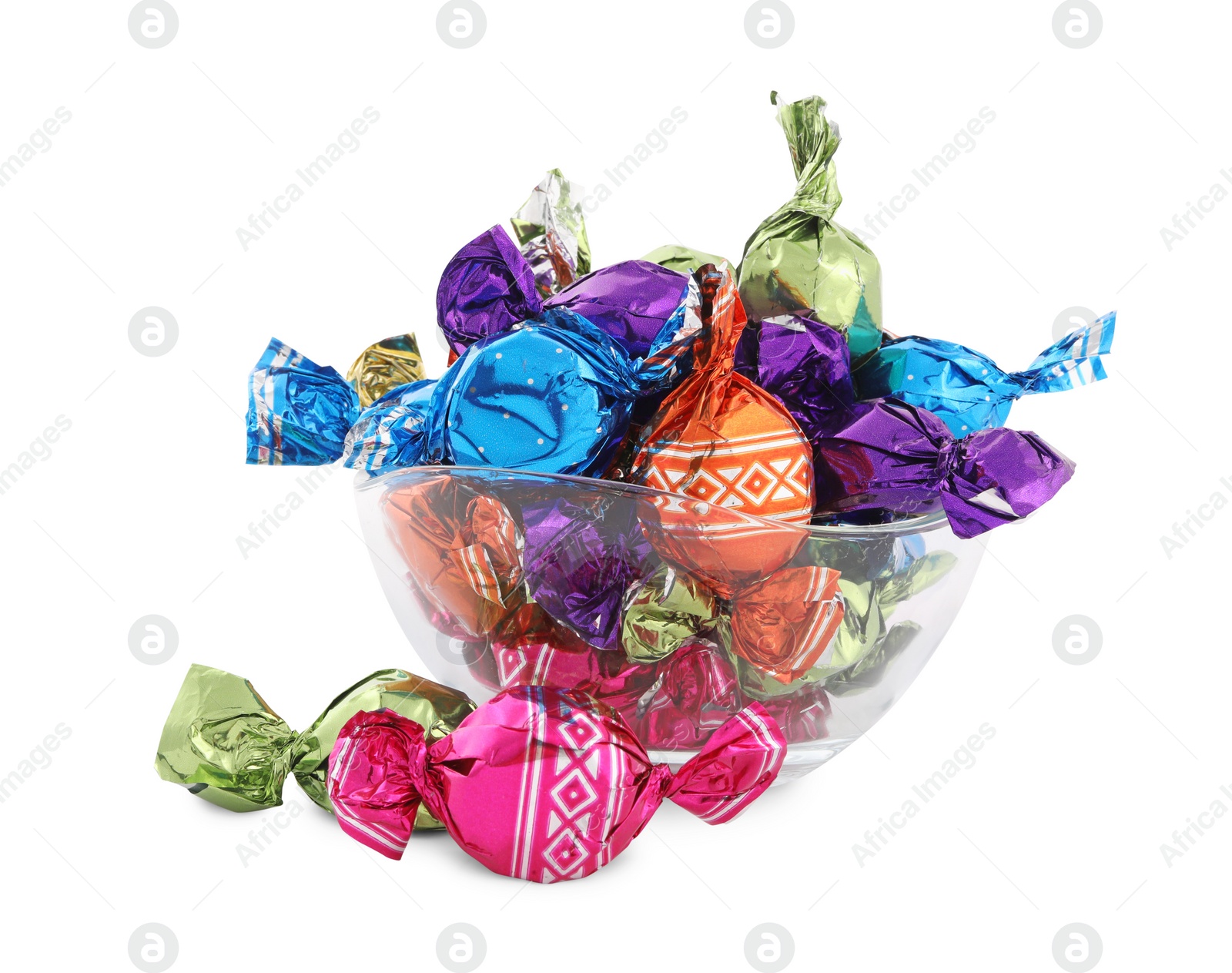 Photo of Bowl with sweet candies in colorful wrappers on white background