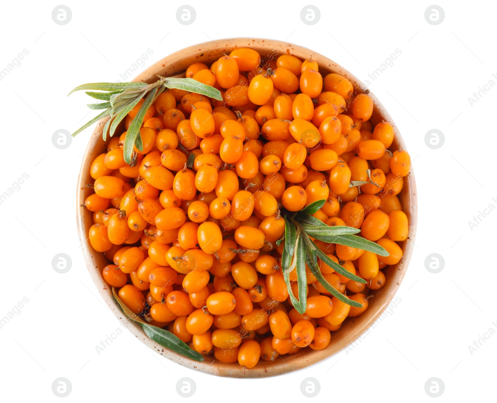 Photo of Fresh ripe sea buckthorn berries in bowl isolated on white, top view