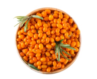 Photo of Fresh ripe sea buckthorn berries in bowl isolated on white, top view