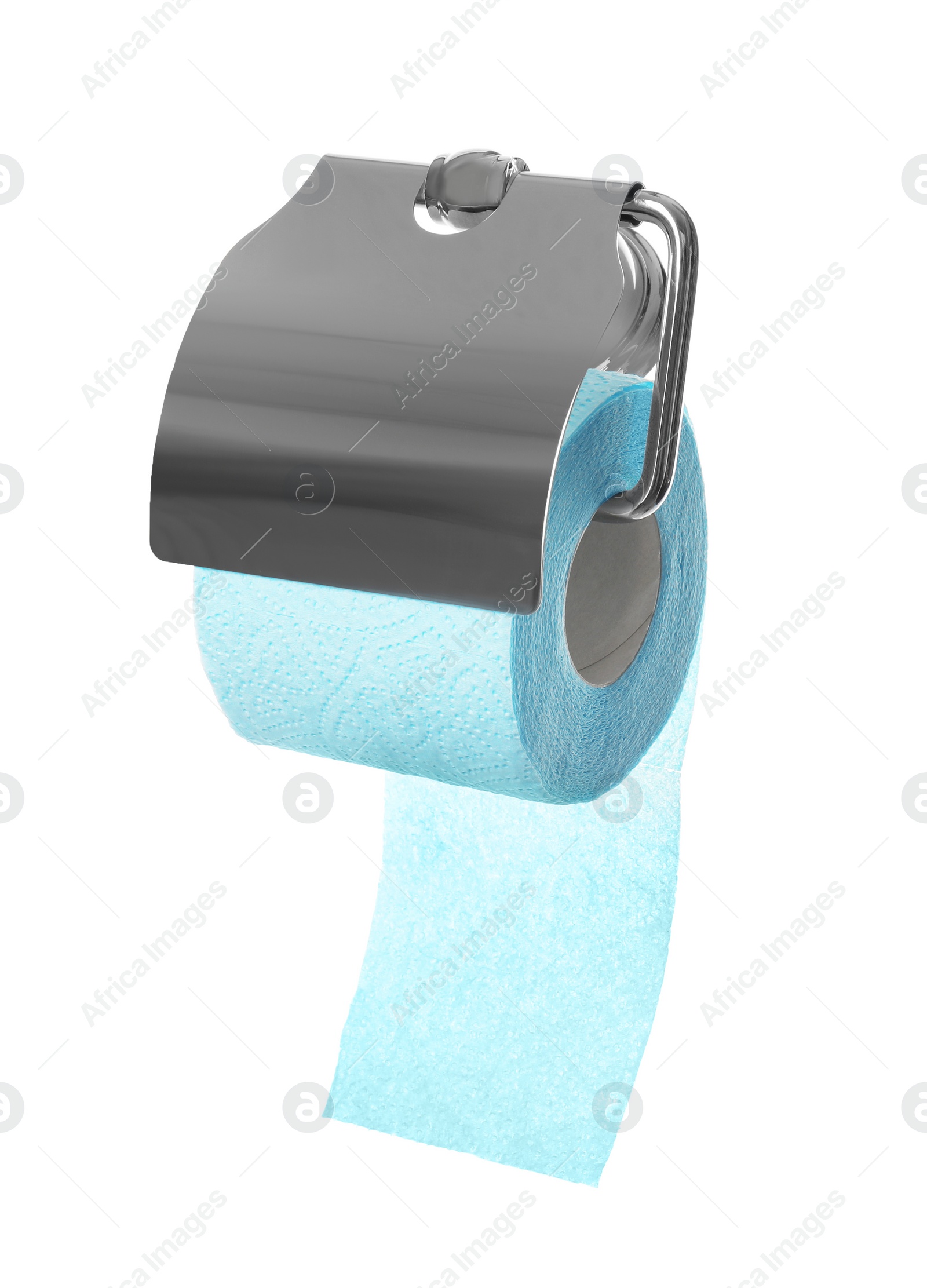 Photo of Toilet paper holder with roll on white background