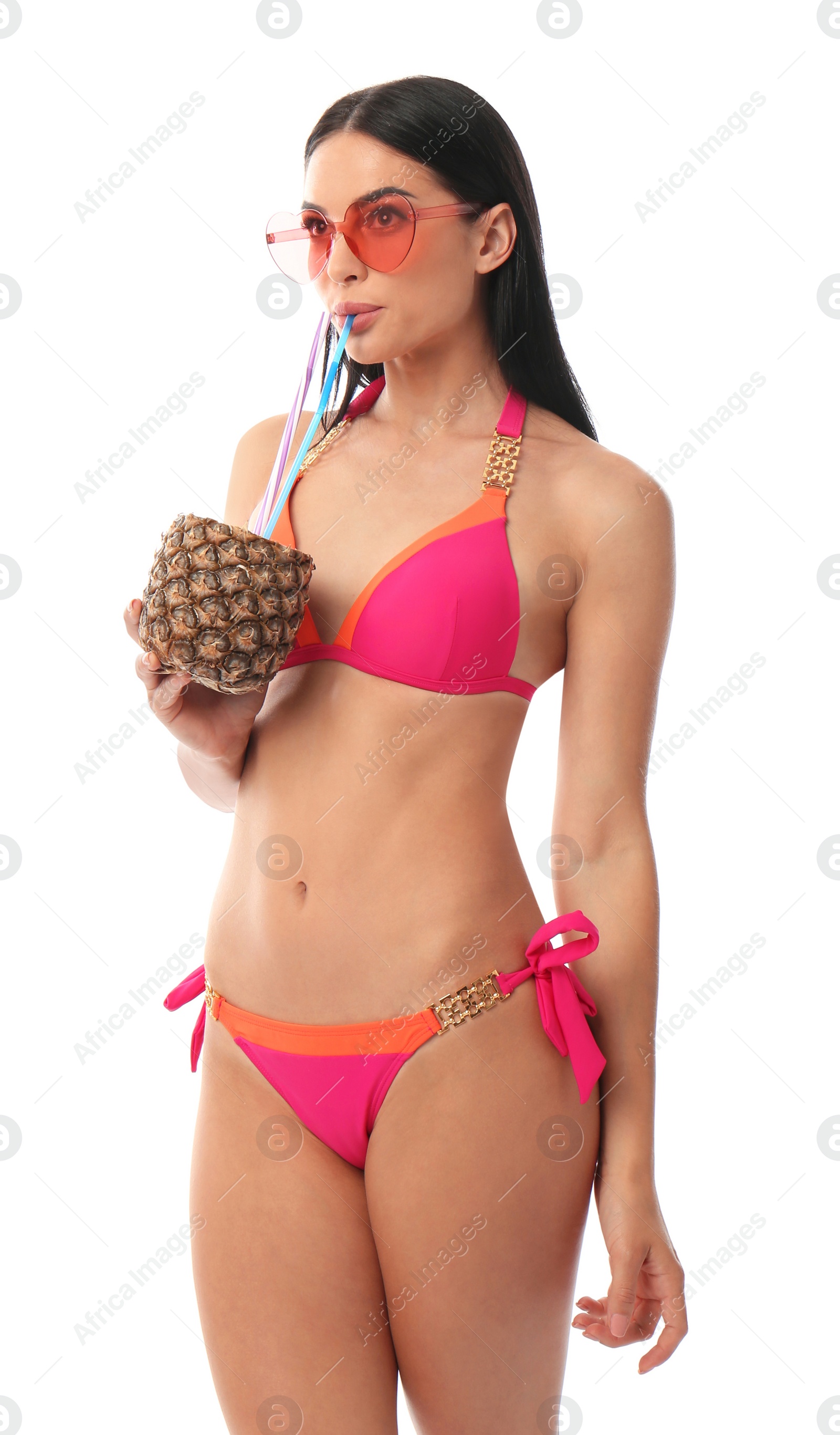 Photo of Beautiful young woman in stylish bikini with cocktail on white background