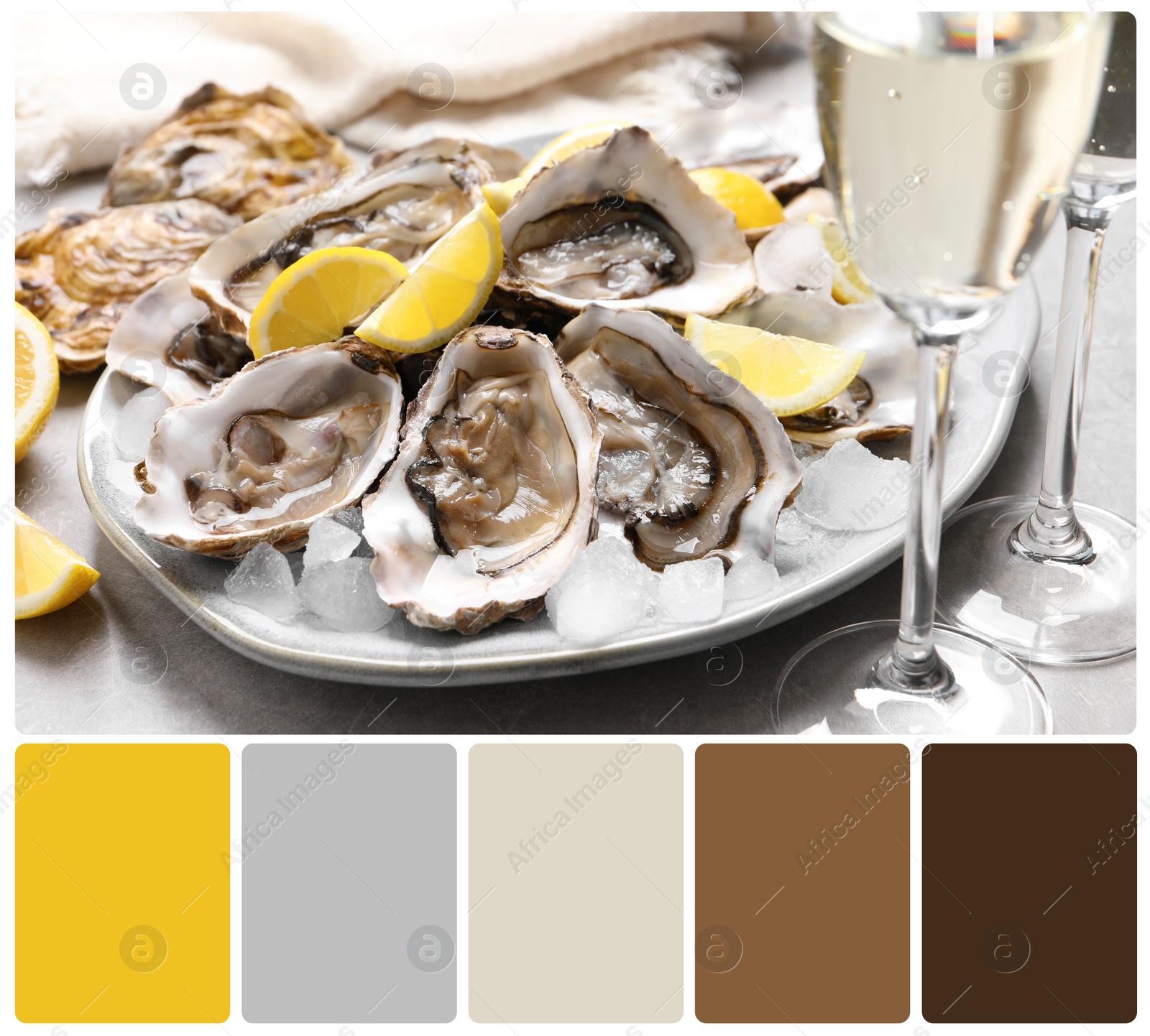 Image of Fresh oysters with lemon and glasses of champagne on table and color palette. Collage