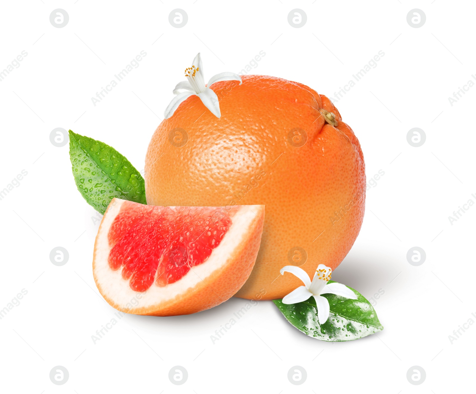 Image of Whole and cut grapefruits on white background