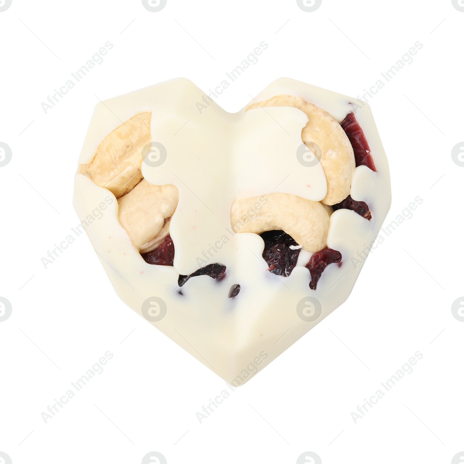 Photo of Tasty chocolate heart shaped candy with nuts on white background, top view