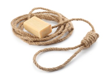 Photo of Rope noose and soap bar on white background