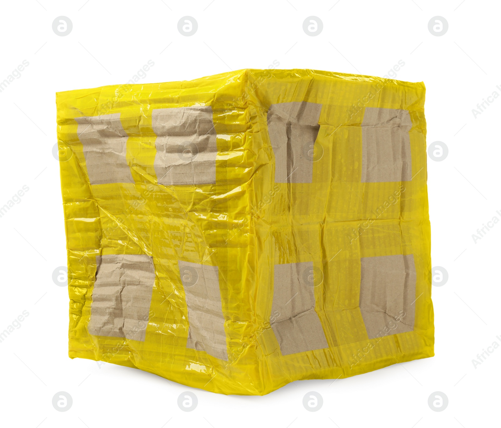 Photo of Crumpled cardboard parcel box with yellow sticky tape on white background