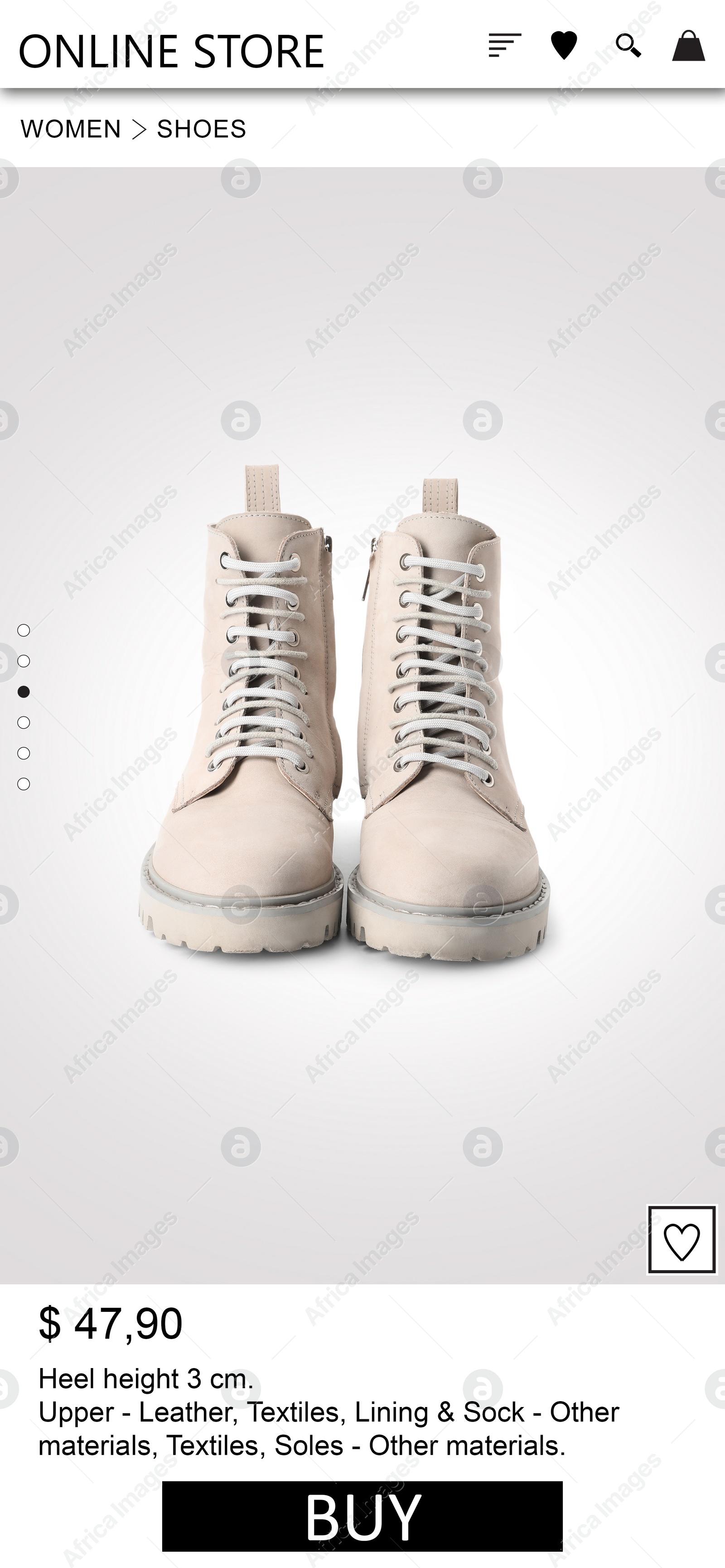 Image of Online store website page with stylish shoes and information. Image can be pasted onto smartphone screen