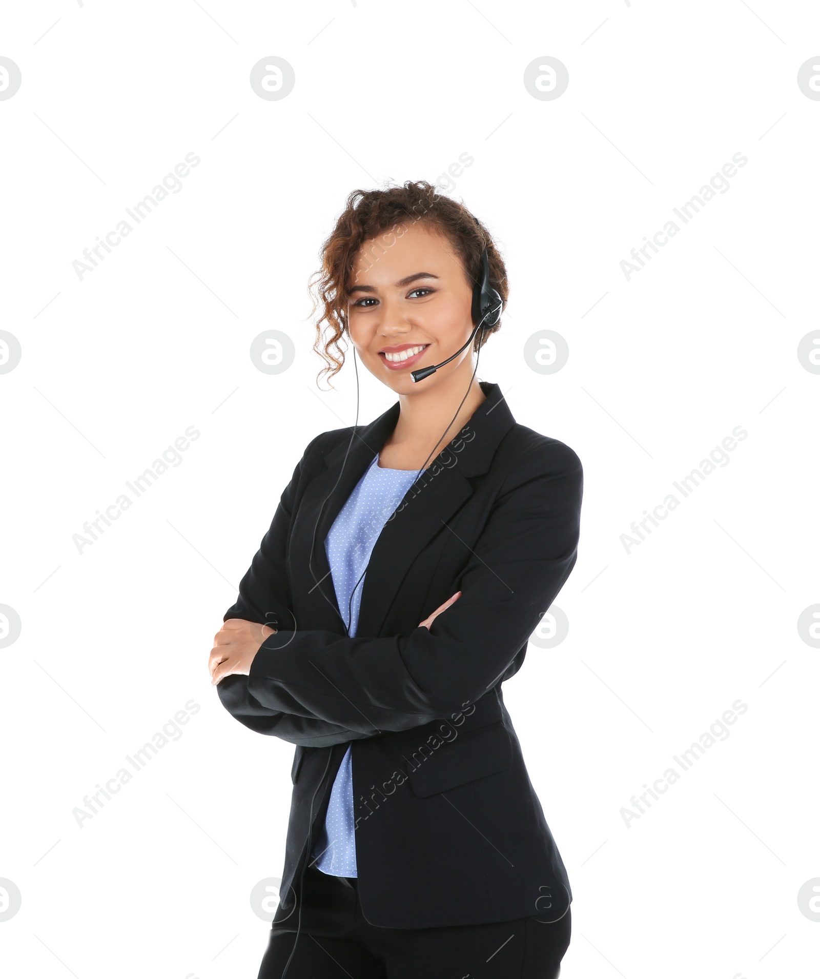 Photo of African-American technical support operator with headset isolated on white