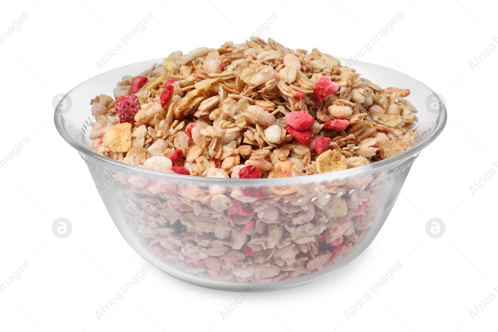 Photo of Granola in bowl on white background. Healthy snack