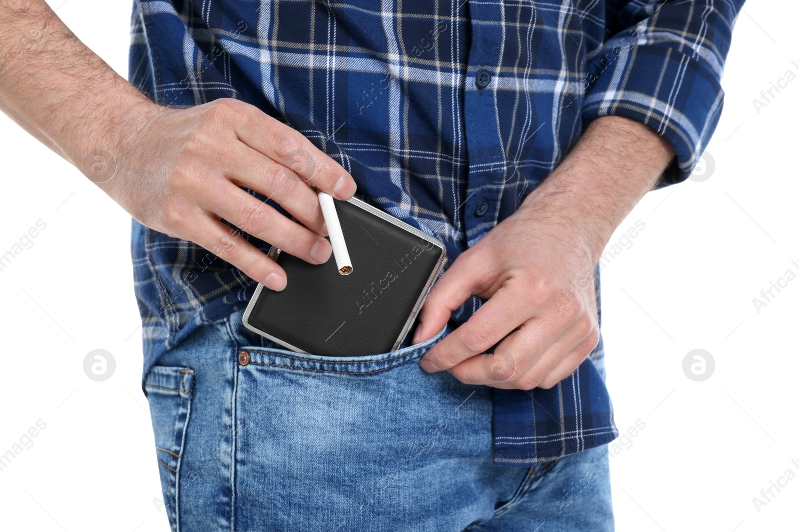 Photo of Man putting cigarette case into pocket isolated on white, closeup