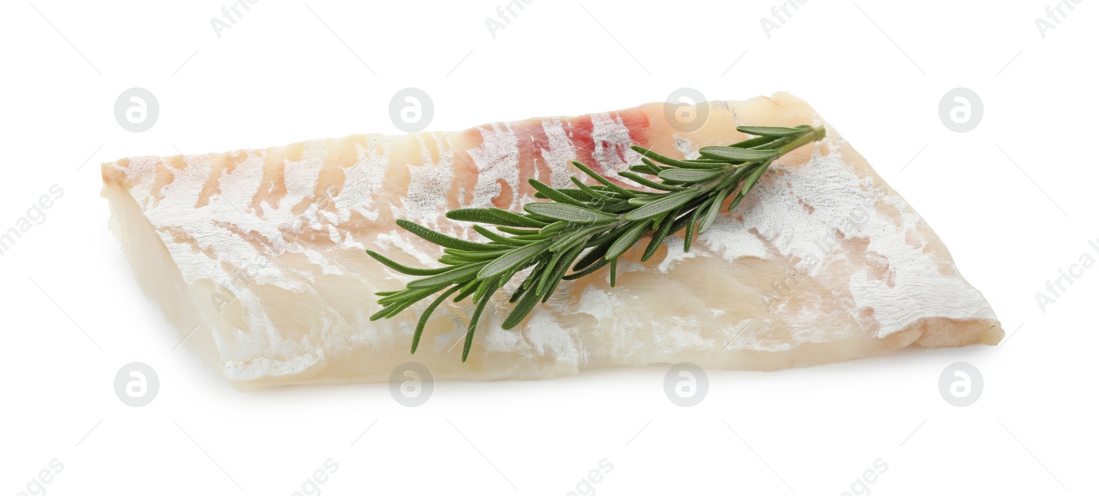 Photo of Fresh raw cod fillet with rosemary isolated on white