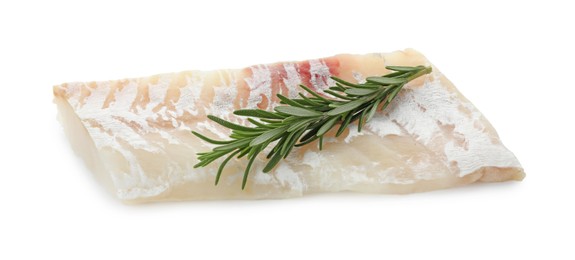 Fresh raw cod fillet with rosemary isolated on white
