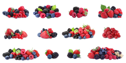 Image of Set of different mixed berries on white background, banner design 