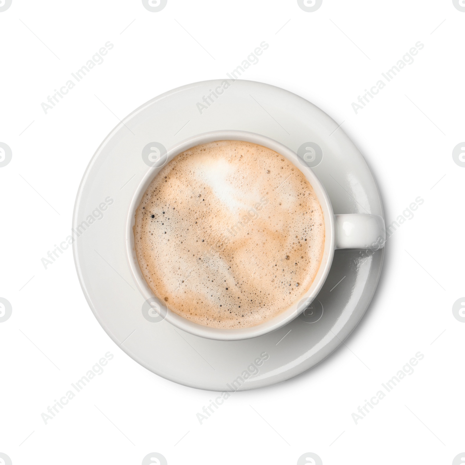 Photo of Tasty cappuccino in coffee cup isolated on white, top view