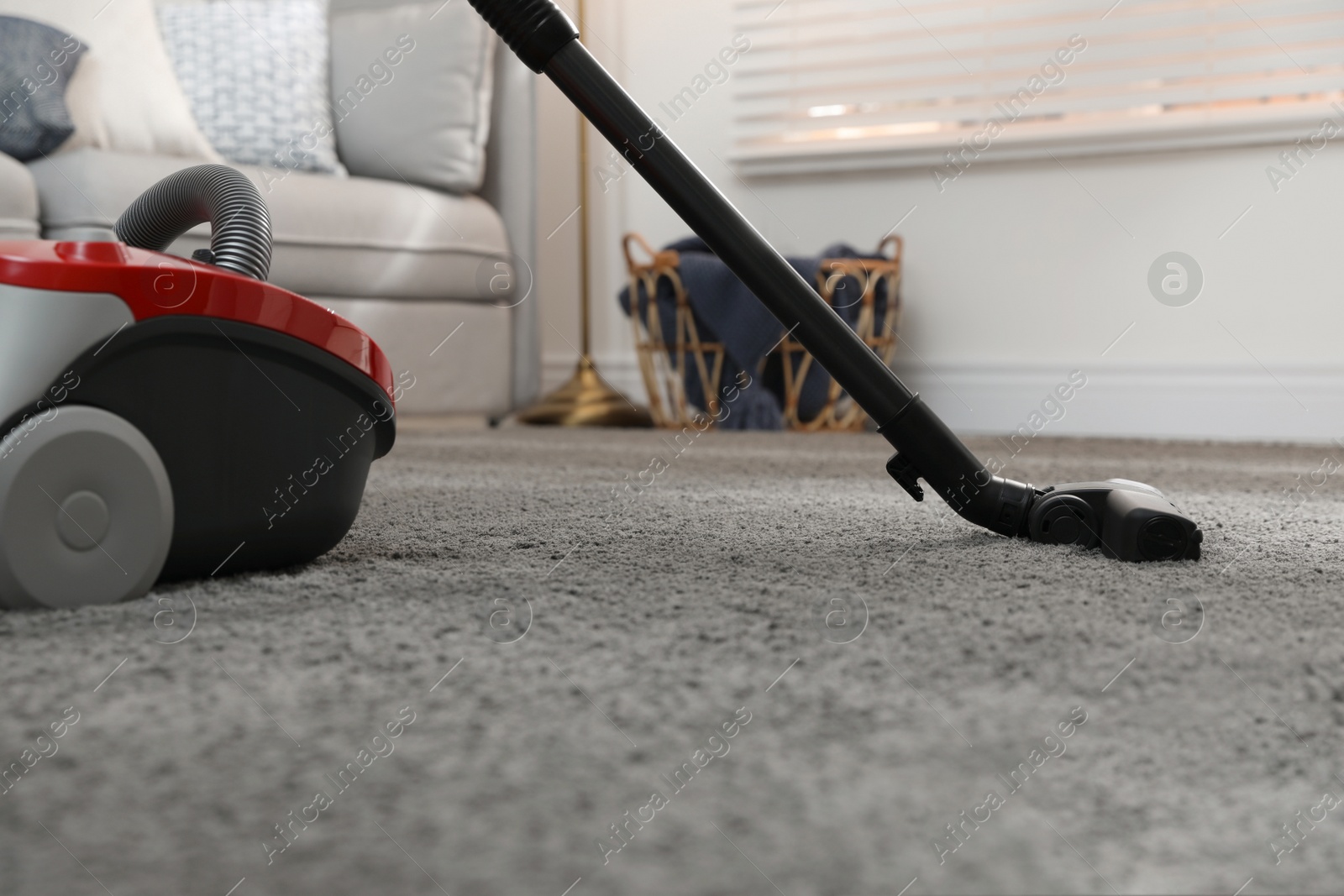 Photo of Modern vacuum cleaner on carpet at home