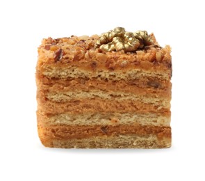 Piece of delicious layered honey cake on white background