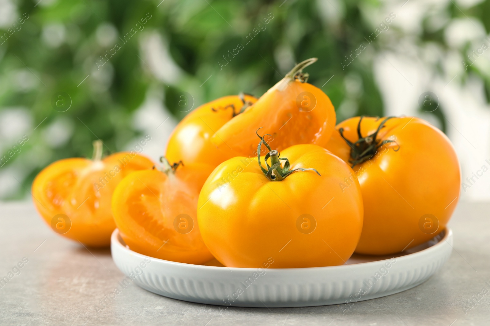 Photo of Fresh ripe yellow tomatoes on light table outdoors, closeup