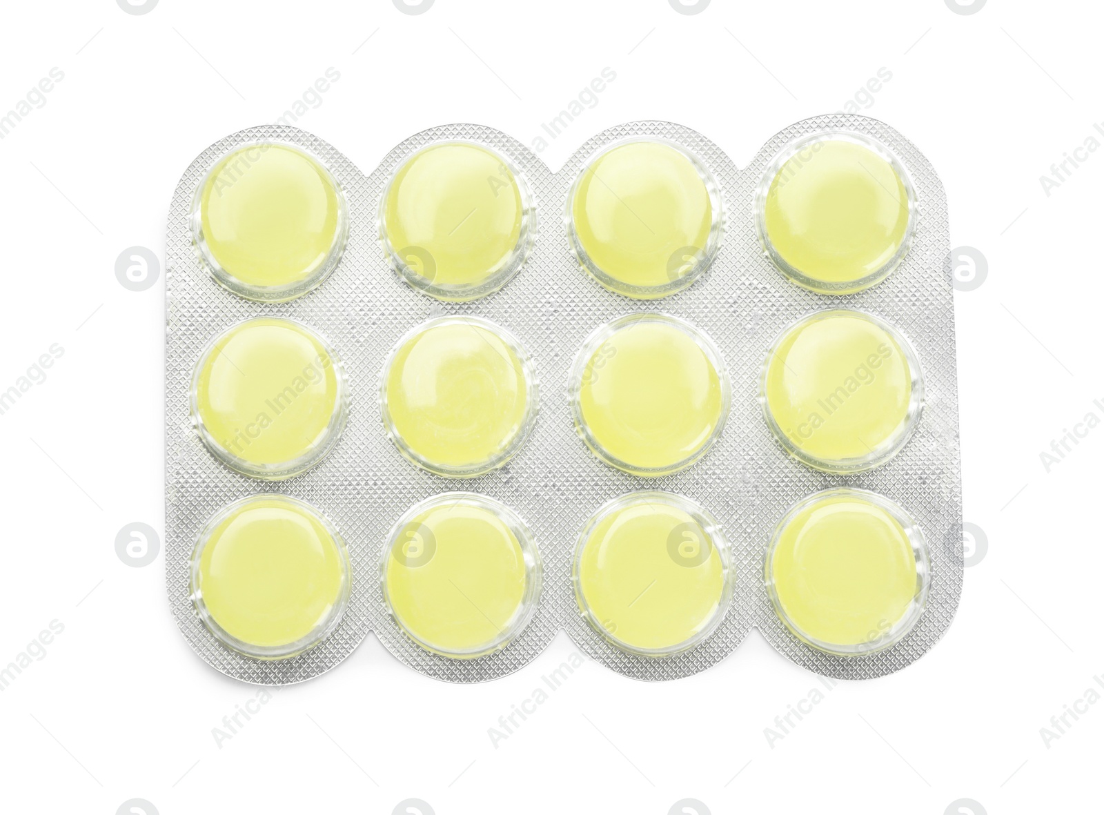 Photo of Blister with yellow cough drops isolated on white, top view