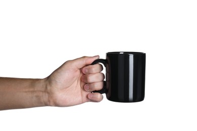 Photo of Man holding black mug on white background, closeup