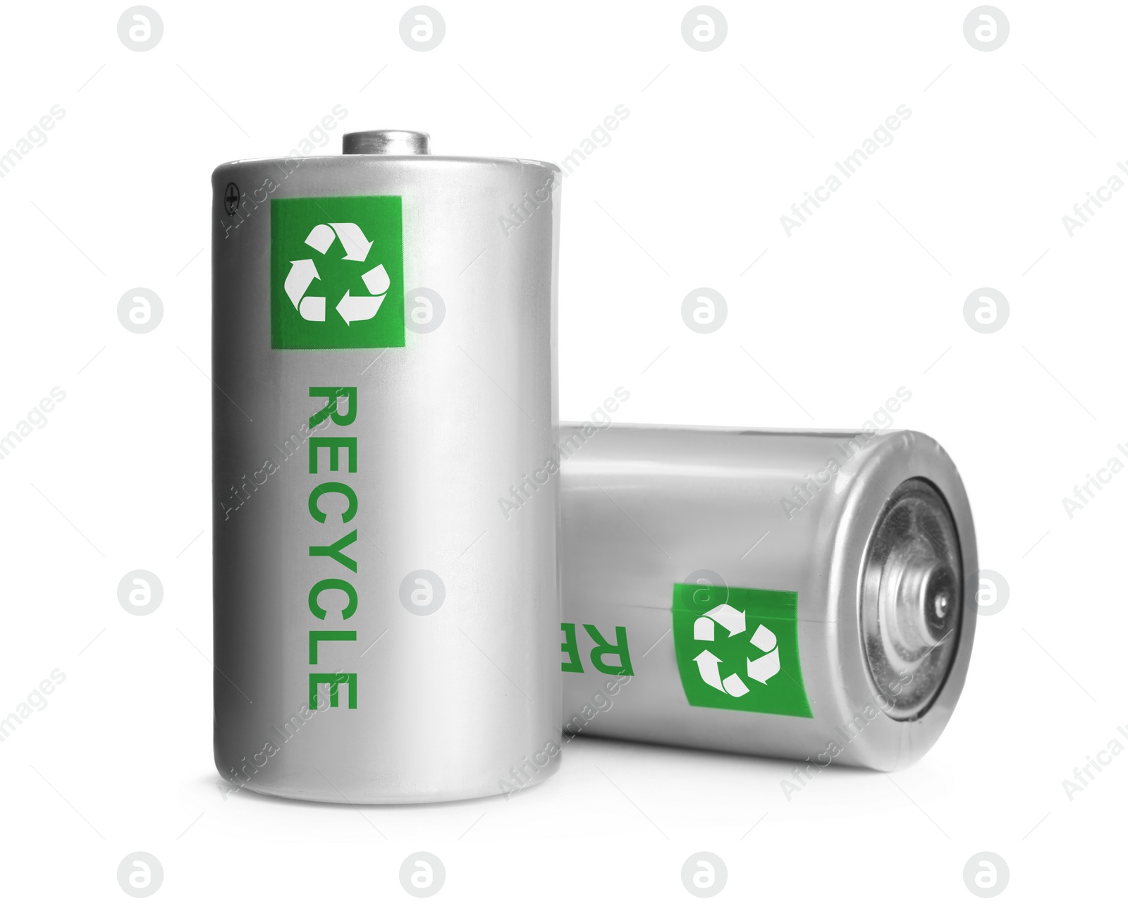 Image of Batteries with recycle symbols on white background