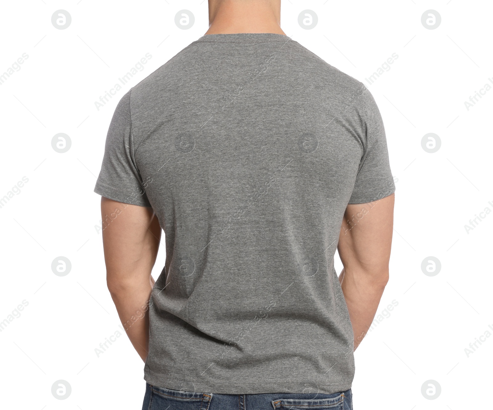 Photo of Man wearing grey t-shirt on white background, back view. Mockup for design