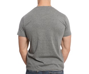 Photo of Man wearing grey t-shirt on white background, back view. Mockup for design