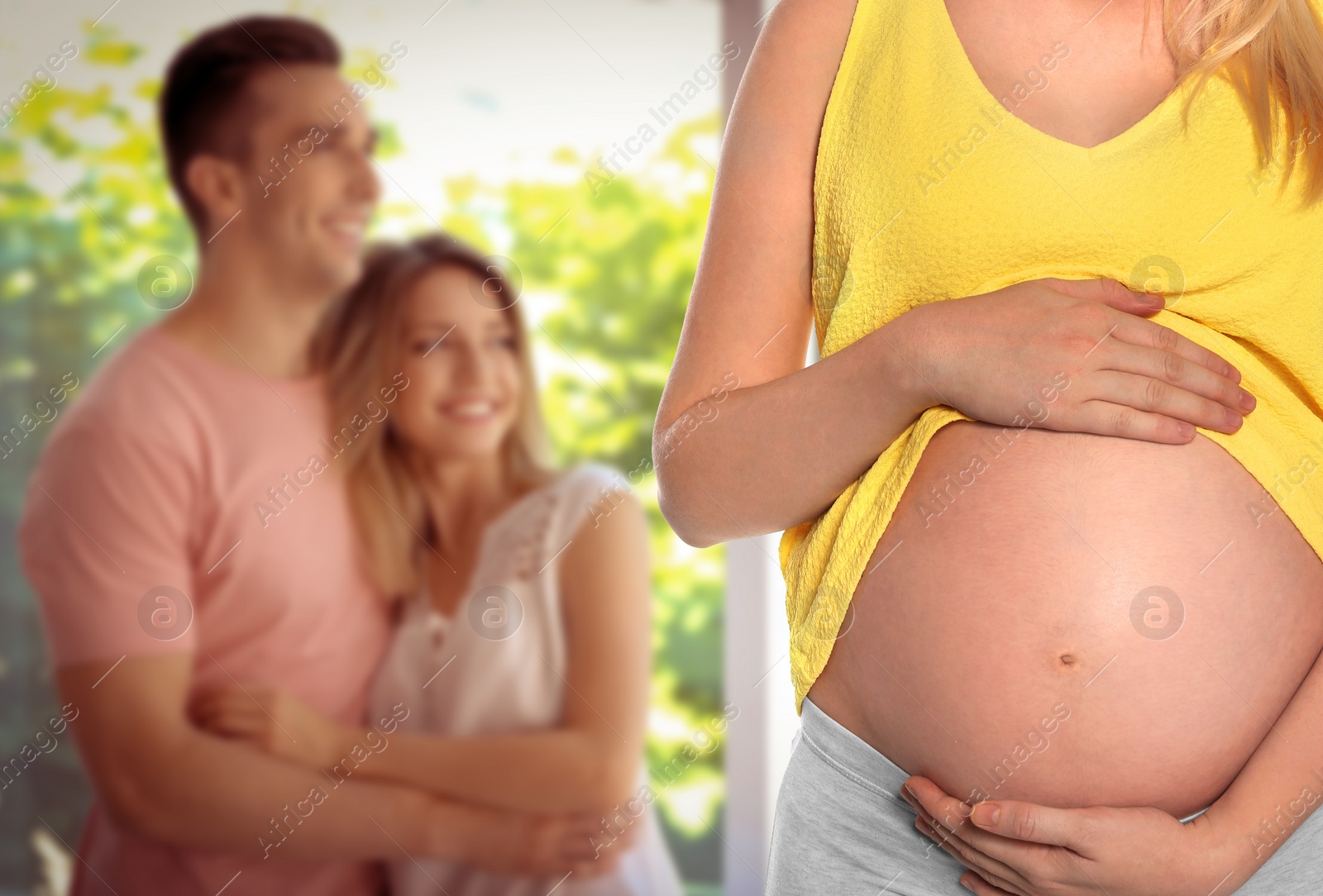 Image of Surrogacy concept. Young pregnant woman and blurred view of happy couple indoors